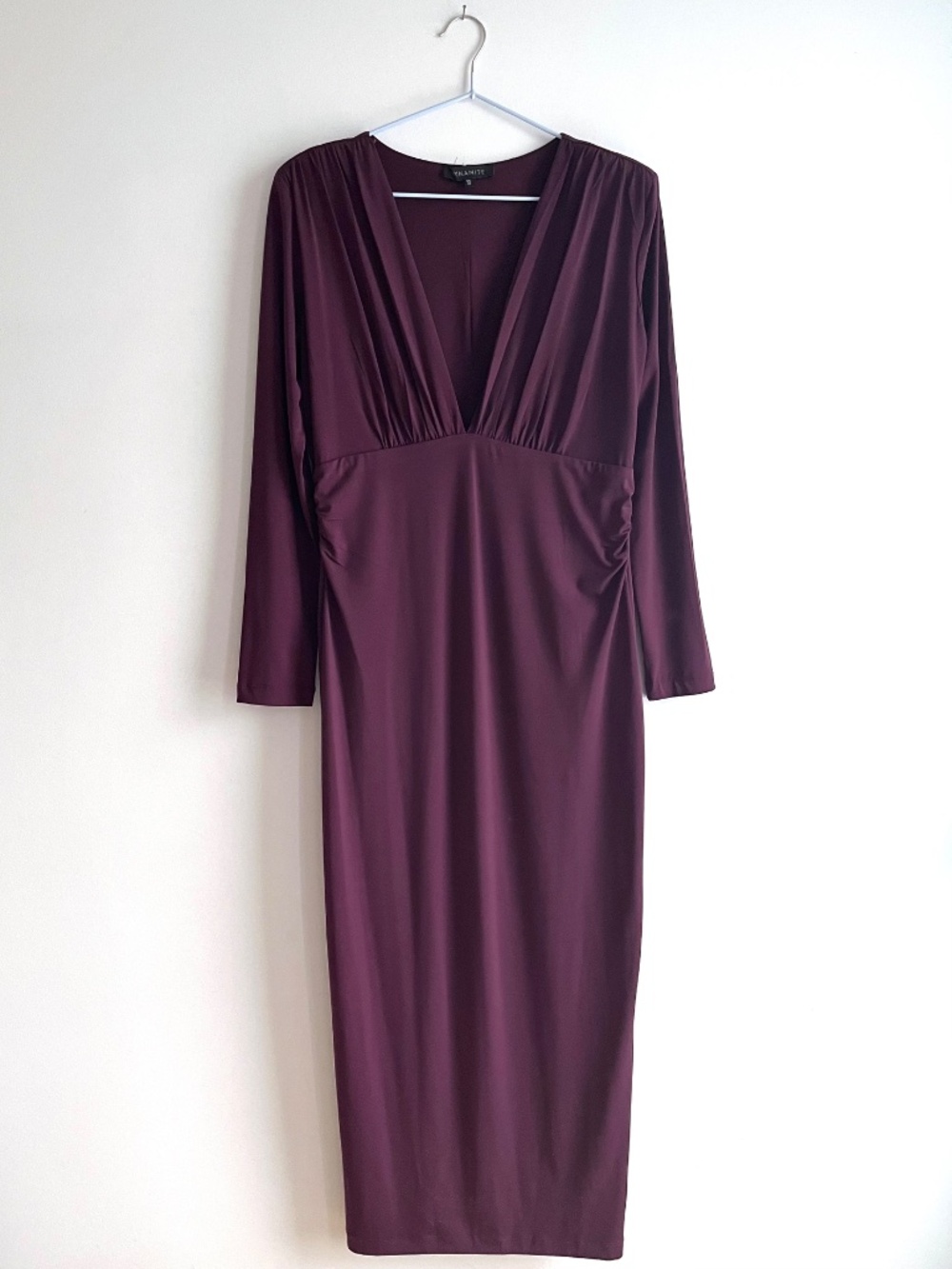 Plunge column dress with gathered waist in plum - Size L